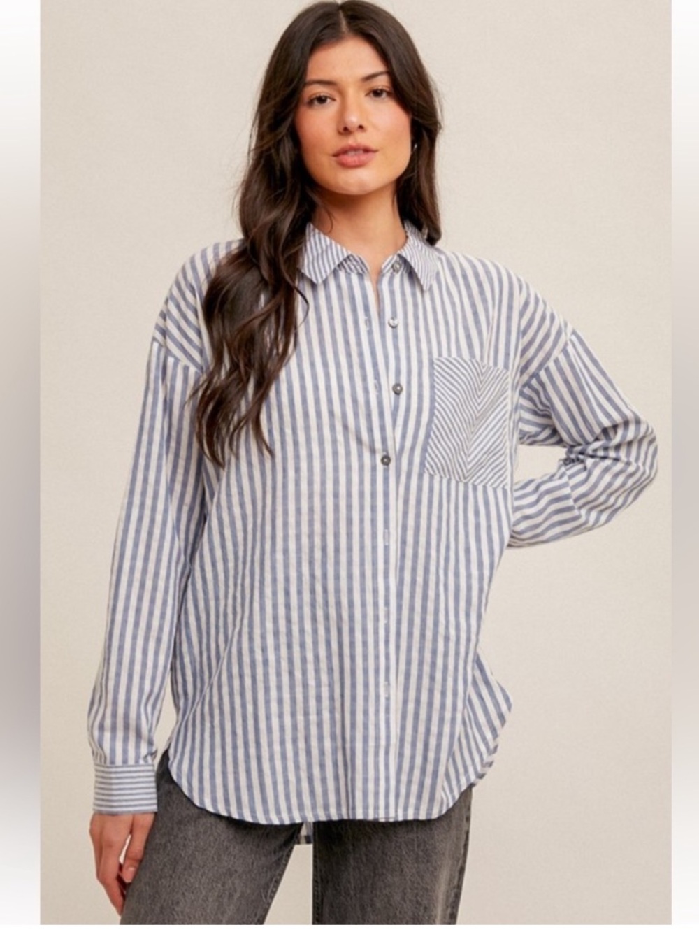 New! Hem & Thread Mixed Striped Button-Up Shirt Blue/White Relaxed Fit Medium